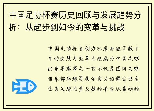 中国足协杯赛历史回顾与发展趋势分析：从起步到如今的变革与挑战