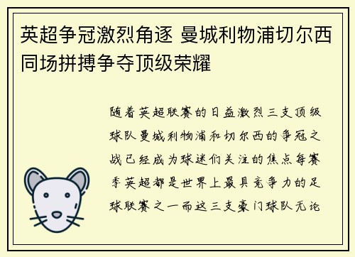 英超争冠激烈角逐 曼城利物浦切尔西同场拼搏争夺顶级荣耀