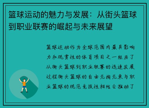篮球运动的魅力与发展：从街头篮球到职业联赛的崛起与未来展望